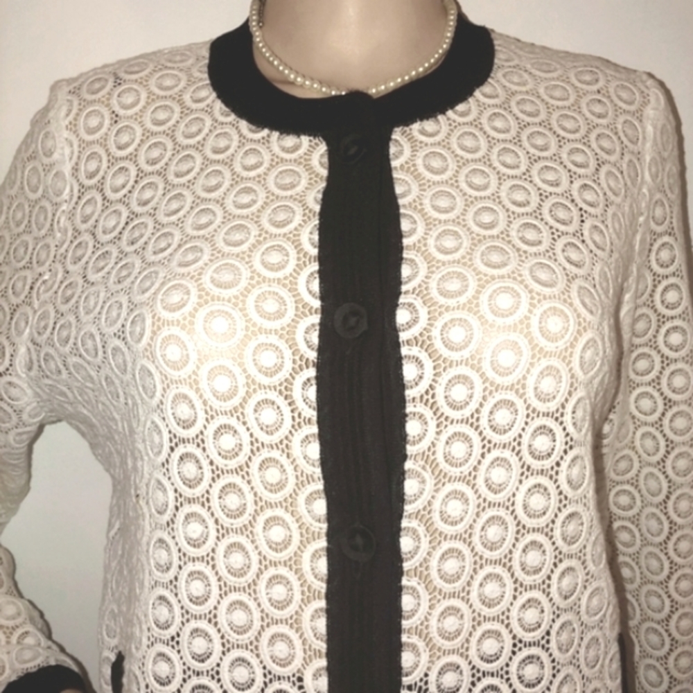 SOLD! MISOOK M COTTON BRIGHT WHITE BLACK SEMI SHEER CIRCLES JACKET CARDIGAN 6